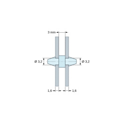 Plano acotado 3 mm, Soporte PCB a presión por ambos lados, poliamida PA6.6 natural UL94-V2, taladro PCB Ø3,2 mm, PCB 1,6 mm