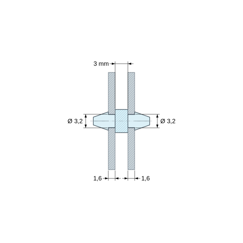 Plano acotado 3 mm, Soporte PCB a presión por ambos lados, poliamida PA6.6 natural UL94-V2, taladro PCB Ø3,2 mm, PCB 1,6 mm
