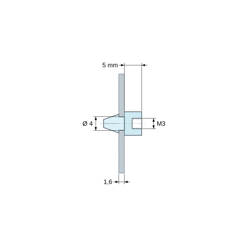 Plano acotado 5 mm, Soporte PCB a presión, rosca interior M3, poliamida PA6.6 negra UL94-HB, taladro PCB Ø4 mm, PCB 1,6 mm