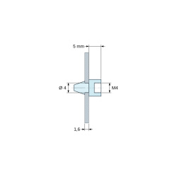 Plano acotado 5 mm, Soporte PCB a presión, rosca interior M4, poliamida PA6.6 negra UL94-HB, taladro PCB Ø4 mm, PCB 1,6 mm