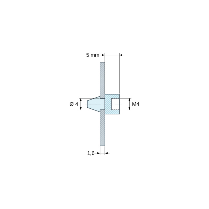 Plano acotado 5 mm, Soporte PCB a presión, rosca interior M4, poliamida PA6.6 negra UL94-HB, taladro PCB Ø4 mm, PCB 1,6 mm