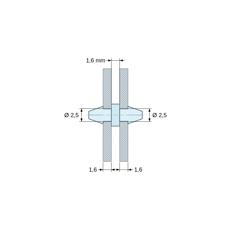 Plano acotado 1,6 mm, Soporte PCB a presión por ambos lados, poliamida PA6.6 natural UL94-V2, taladro PCB Ø2,5 mm, PCB 1,6 mm