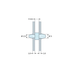 Plano acotado 3 mm, Soporte PCB a presión por ambos lados, poliamida PA6.6 negra UL94-HB, PCB Ø2,5 mm 1,6 mm / chasis Ø3 mm 1,6 mm