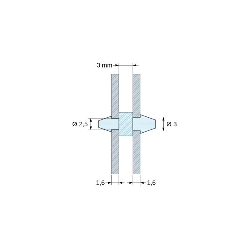 Plano acotado 3 mm, Soporte PCB a presión por ambos lados, poliamida PA6.6 negra UL94-HB, PCB Ø2,5 mm 1,6 mm / chasis Ø3 mm 1,6 mm