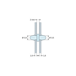 Plano acotado 2 mm, Soporte PCB a presión por ambos lados, poliamida PA6.6 natural UL94-V2, taladro PCB Ø3,5 mm, PCB 1,6 mm