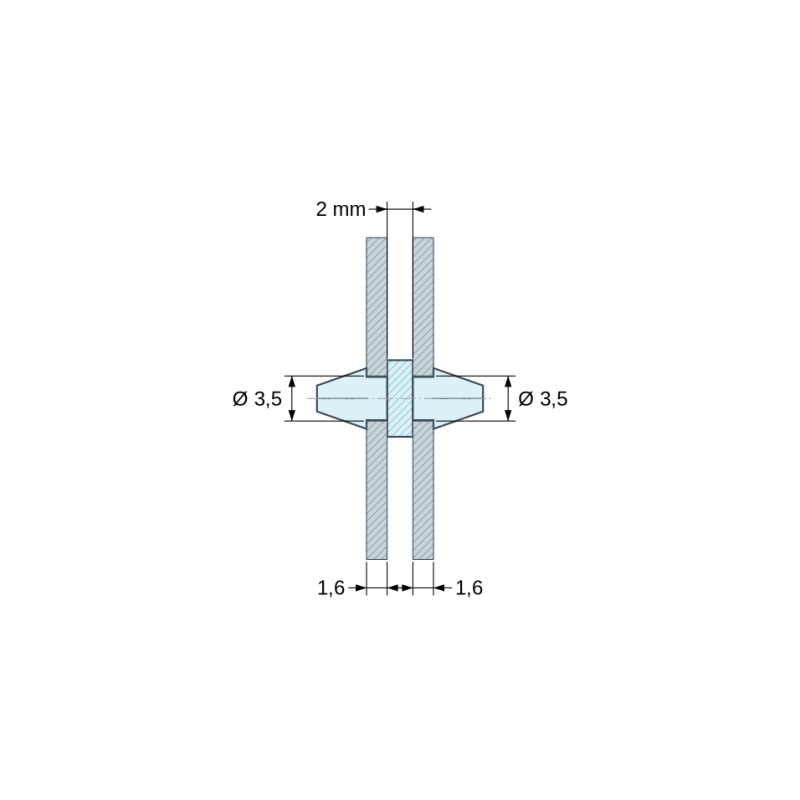 Plano acotado 2 mm, Soporte PCB a presión por ambos lados, poliamida PA6.6 natural UL94-V2, taladro PCB Ø3,5 mm, PCB 1,6 mm