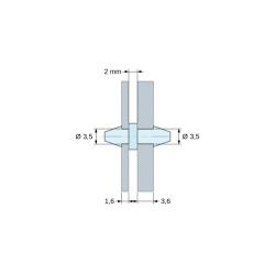 Plano acotado 2 mm, Soporte PCB a presión por ambos lados, poliamida PA6.6 natural UL94-V2, PCB Ø3,5 mm 1,6 mm / chasis Ø3,5 mm 3,6 mm