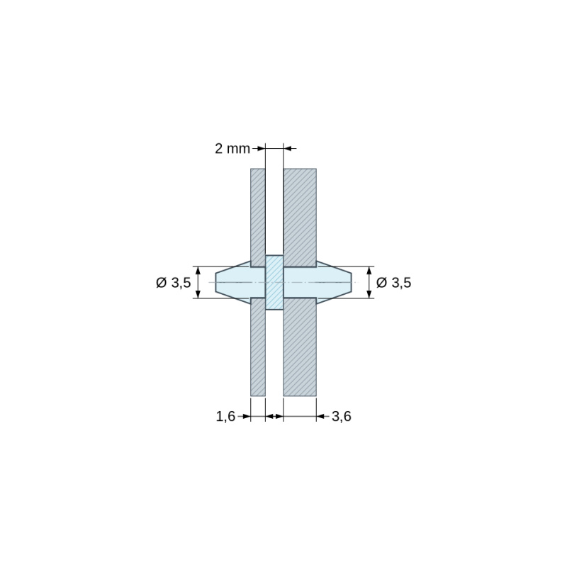 Plano acotado 2 mm, Soporte PCB a presión por ambos lados, poliamida PA6.6 natural UL94-V2, PCB Ø3,5 mm 1,6 mm / chasis Ø3,5 mm 3,6 mm
