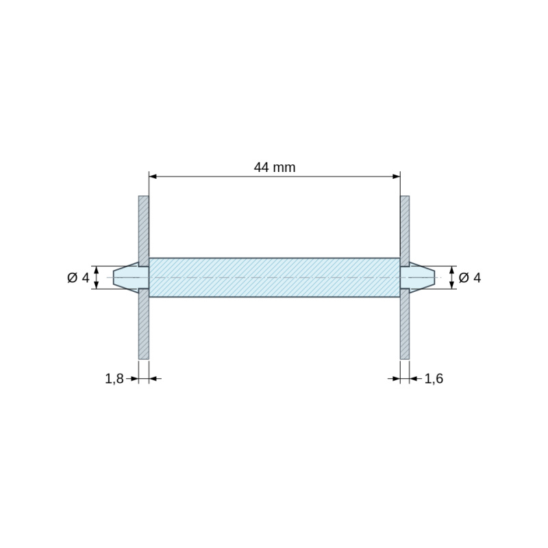 Plano acotado 44 mm, Soporte PCB a presión por ambos lados, poliamida PA6.6 negra UL94-HB, PCB Ø4 mm 1,8 mm / chasis Ø4 mm 1,6 mm
