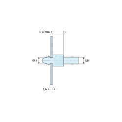 Plano acotado 6,4 mm, Soporte PCB a presión, vástago roscado M4, poliamida PA6.6 natural UL94-V0, taladro PCB Ø4 mm, PCB 1,6 mm