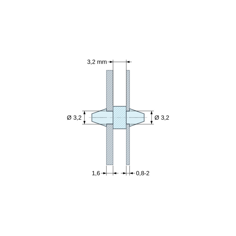 Plano acotado 3,2 mm, Soporte PCB a presión por ambos lados, poliamida PA6.6 natural UL94-V2, PCB Ø3,2 mm 1,6 mm / chasis Ø3,2 mm 0,8–2 mm