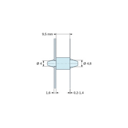 Plano acotado 9,5 mm, Soporte PCB a presión por ambos lados, poliamida PA6.6 natural UL94-V2, PCB Ø4 mm 1,6 mm / chasis Ø4,8 mm 0,2–1,4 mm