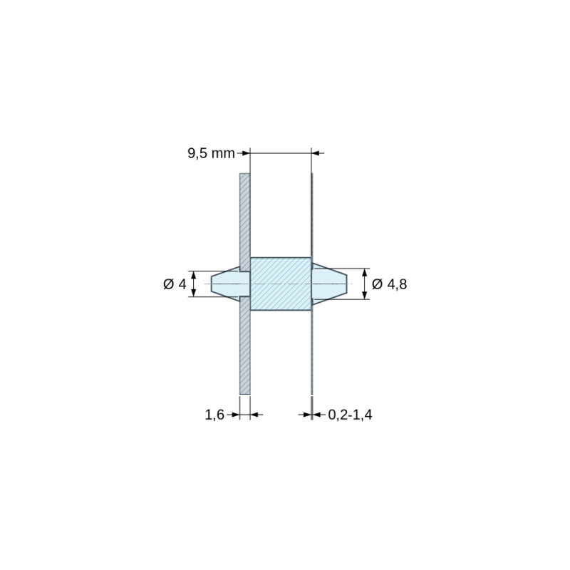 Plano acotado 9,5 mm, Soporte PCB a presión por ambos lados, poliamida PA6.6 natural UL94-V2, PCB Ø4 mm 1,6 mm / chasis Ø4,8 mm 0,2–1,4 mm