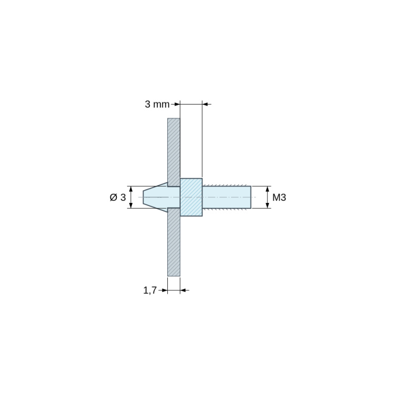 Plano acotado 3 mm, Soporte para circuito impreso a presión, roscado M3, poliamida PA6.6 negra UL94-HB, orificio Ø3 mm, circuito 1,7 mm