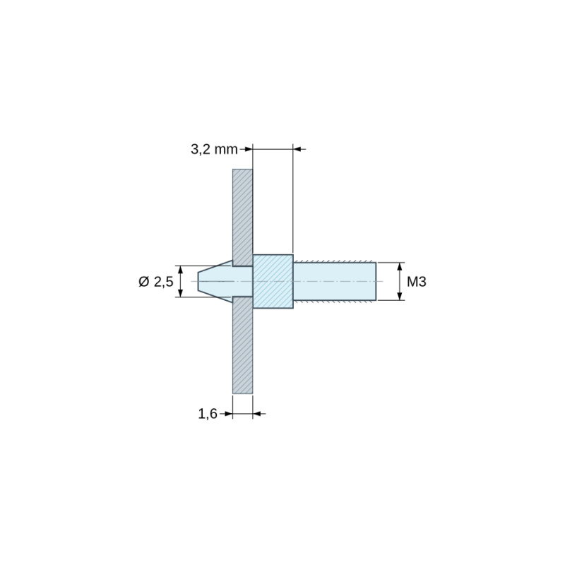 Plano acotado 3,2 mm, Soporte para circuito impreso a presión, roscado M3, poliamida PA6.6 natural UL94-V2, orificio Ø2,5 mm, circuito 1,6 mm