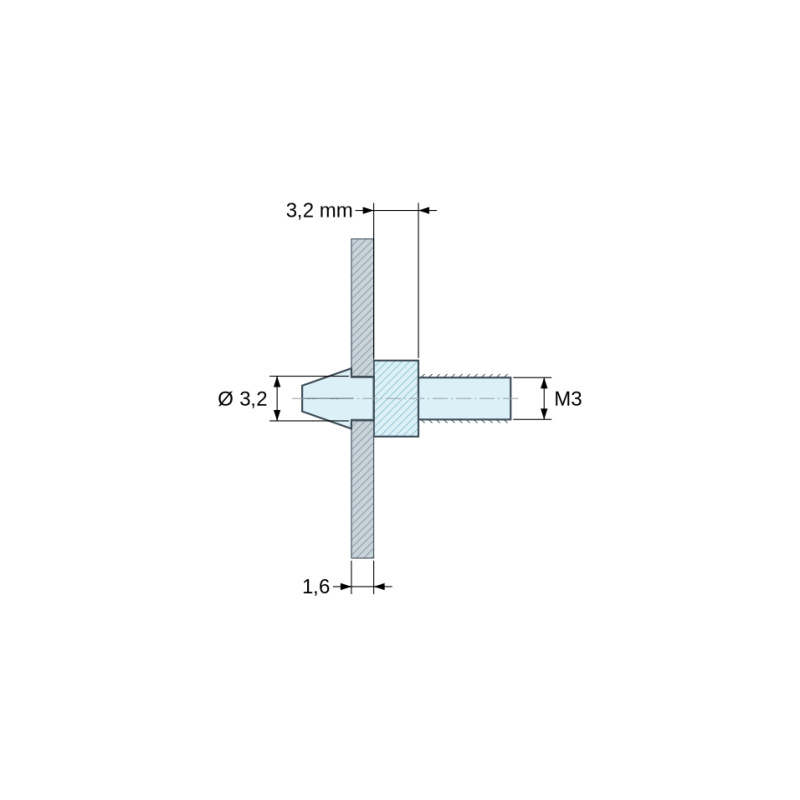 Plano acotado 3,2 mm, Soporte para circuito impreso a presión, roscado M3, poliamida PA6.6 natural UL94-V2, orificio Ø3,2 mm, circuito 1,6 mm