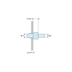 Plano acotado 5 mm, Soporte para circuito impreso a presión, roscado M3, poliamida PA6.6 negra UL94-HB, orificio Ø4 mm, circuito 1,8 mm
