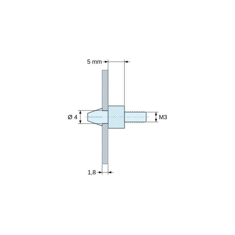 Plano acotado 5 mm, Soporte para circuito impreso a presión, roscado M3, poliamida PA6.6 negra UL94-HB, orificio Ø4 mm, circuito 1,8 mm
