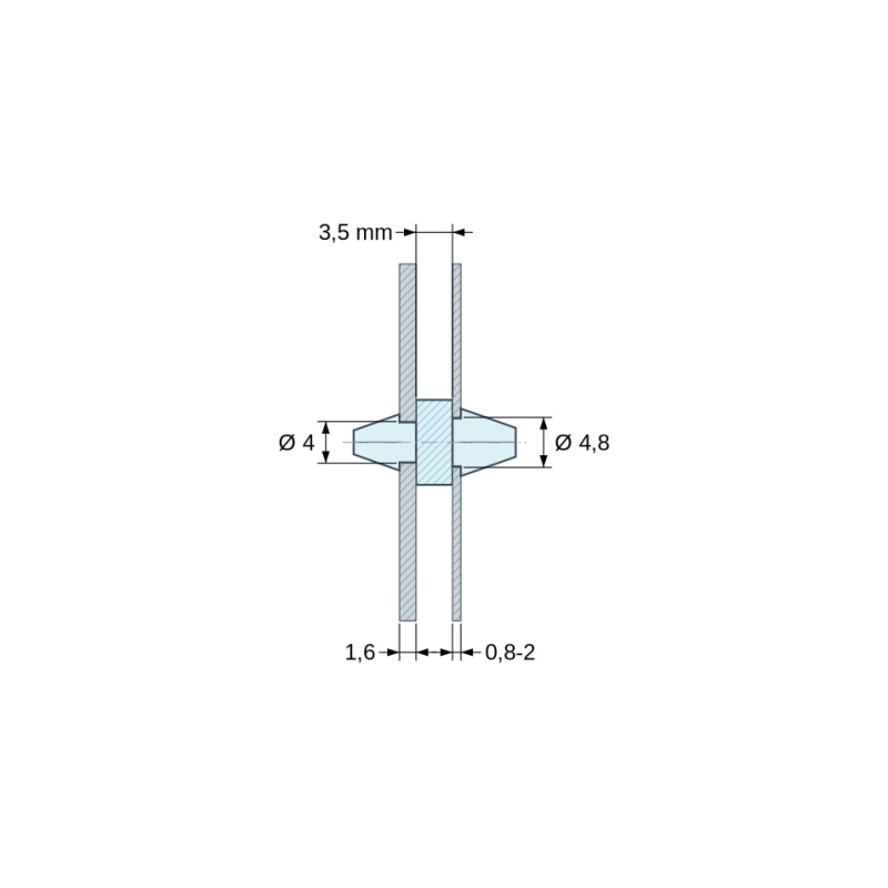 Plano acotado 3,5 mm, Soporte PCB a presión por ambos lados, Poliamida PA6.6, natural, UL94-V2, PCB Ø4/1,6 mm / CH Ø4,8/0,8–2 mm