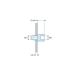 Plano acotado 5 mm, Soporte para circuito impreso a presión, con rosca interior M3, poliamida PA6.6 negra UL94-HB, orificio Ø3 mm, circuito 1,6 mm