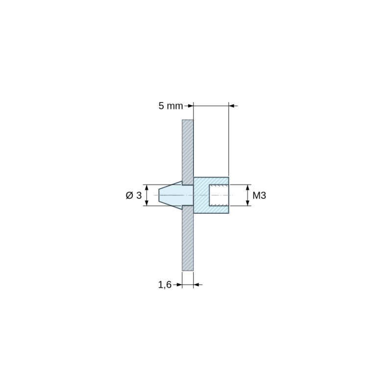 Plano acotado 5 mm, Soporte para circuito impreso a presión, con rosca interior M3, poliamida PA6.6 negra UL94-HB, orificio Ø3 mm, circuito 1,6 mm