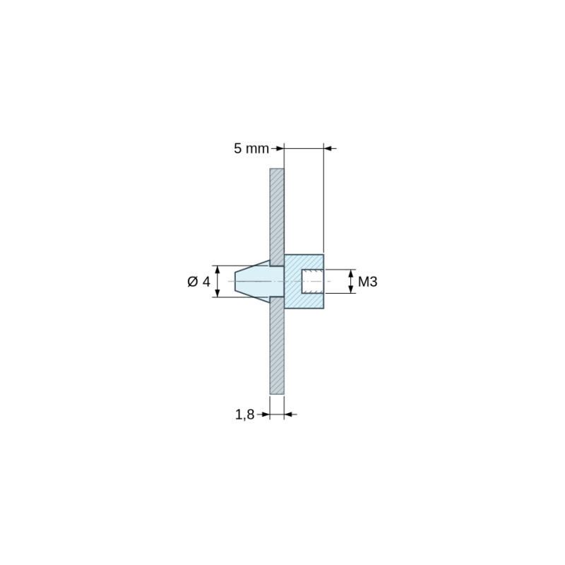 Plano acotado 5 mm, Soporte para circuito impreso a presión, con rosca interior M3, poliamida PA6.6 negra UL94-HB, orificio Ø4 mm, circuito 1,8 mm