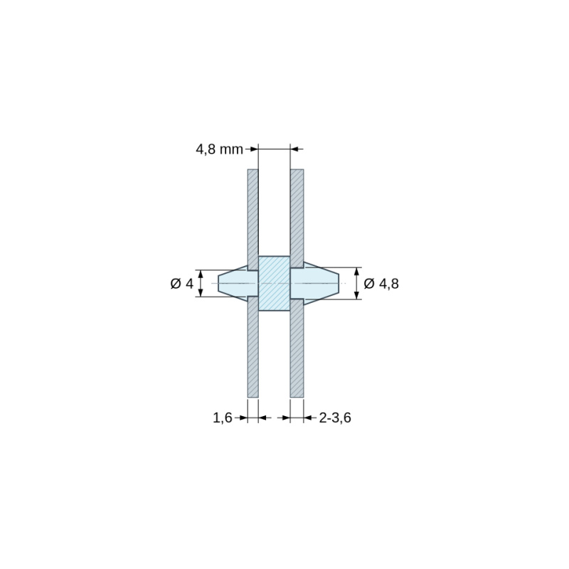 Plano acotado 4,8 mm, Soporte PCB a presión por ambos lados, Poliamida PA6.6, natural, UL94-V2, PCB Ø4/1,6 mm / CH Ø4,8/2–3,6 mm