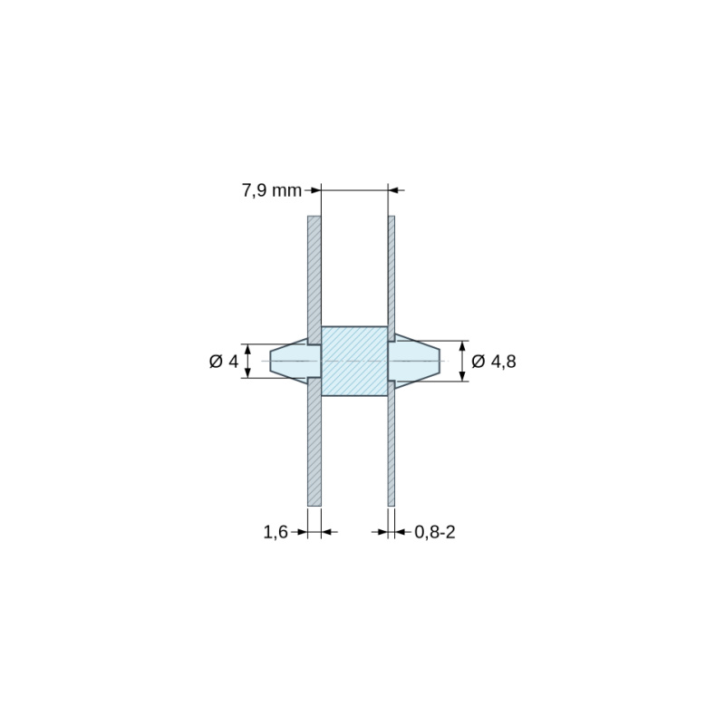 Plano acotado 7,9 mm, Soporte PCB a presión por ambos lados, Poliamida PA6.6, natural, UL94-V0, PCB Ø4/1,6 mm / CH Ø4,8/0,8–2 mm