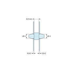 Plano acotado 4,8 mm, Soporte PCB a presión por ambos lados, PA6.6 natural, UL94-V2, orificio PCB Ø4 mm, espesor PCB 0,8–2 mm