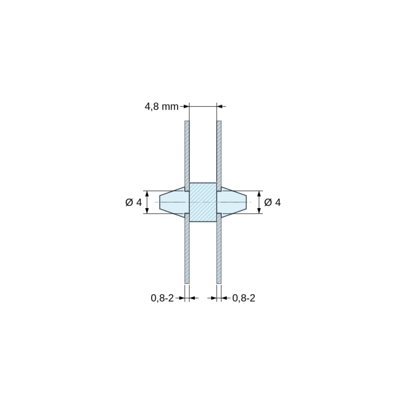 Plano acotado 4,8 mm, Soporte PCB a presión por ambos lados, PA6.6 natural, UL94-V2, orificio PCB Ø4 mm, espesor PCB 0,8–2 mm