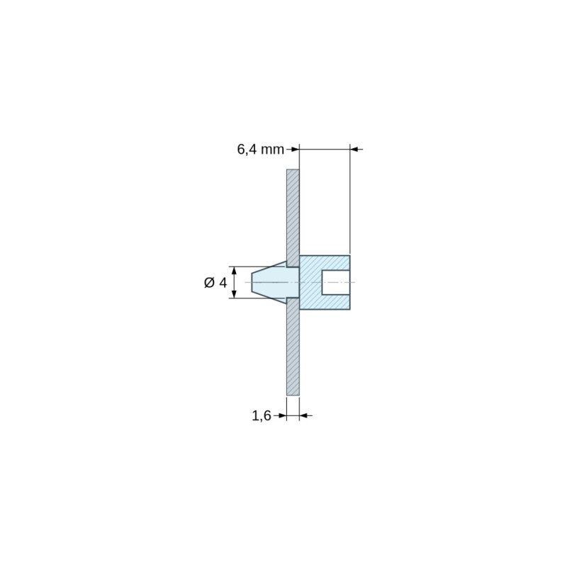 Plano acotado 6,4 mm, Soporte a presión para circuito impreso, tornillo autorroscante Ø3,5, PA6.6 natural UL94-V2, orificio Ø4 mm, circuito 1,6 mm