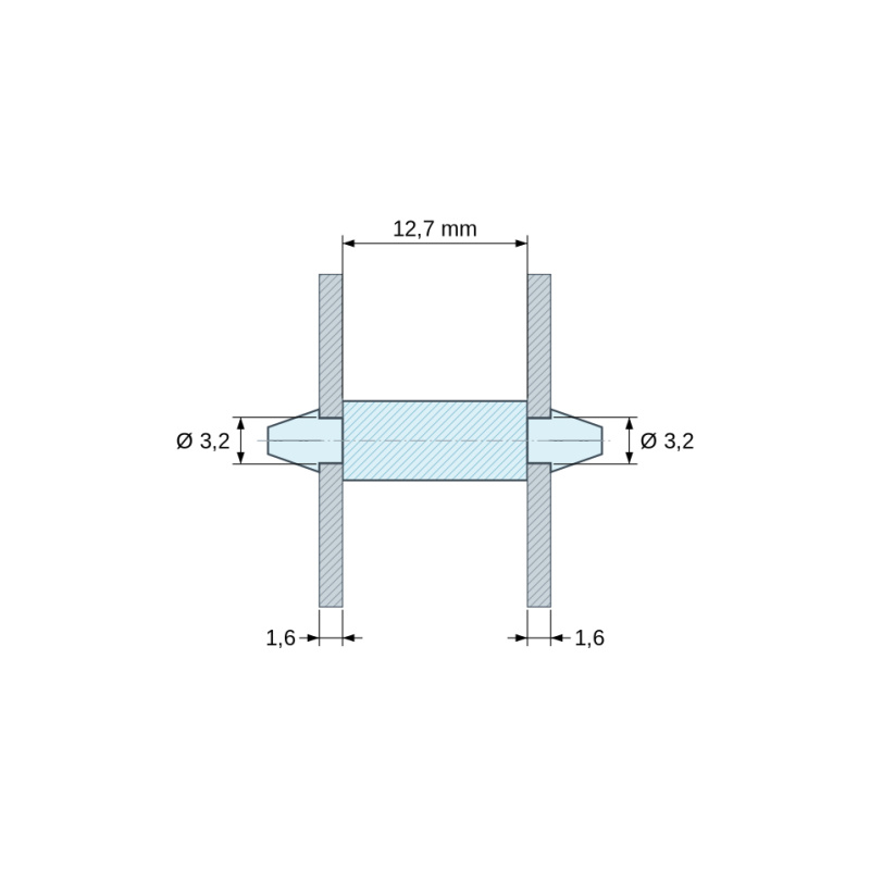 Plano acotado 12,7 mm, Soporte PCB a presión por ambos lados, PA6.6 natural, UL94-V0, orificio PCB Ø3,2 mm, espesor PCB 1,6 mm