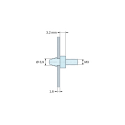 Plano acotado 3,2 mm, Soporte para circuito impreso a presión, roscado M3, poliamida PA6.6 natural UL94-V2, orificio Ø3,9 mm, circuito 1,6 mm