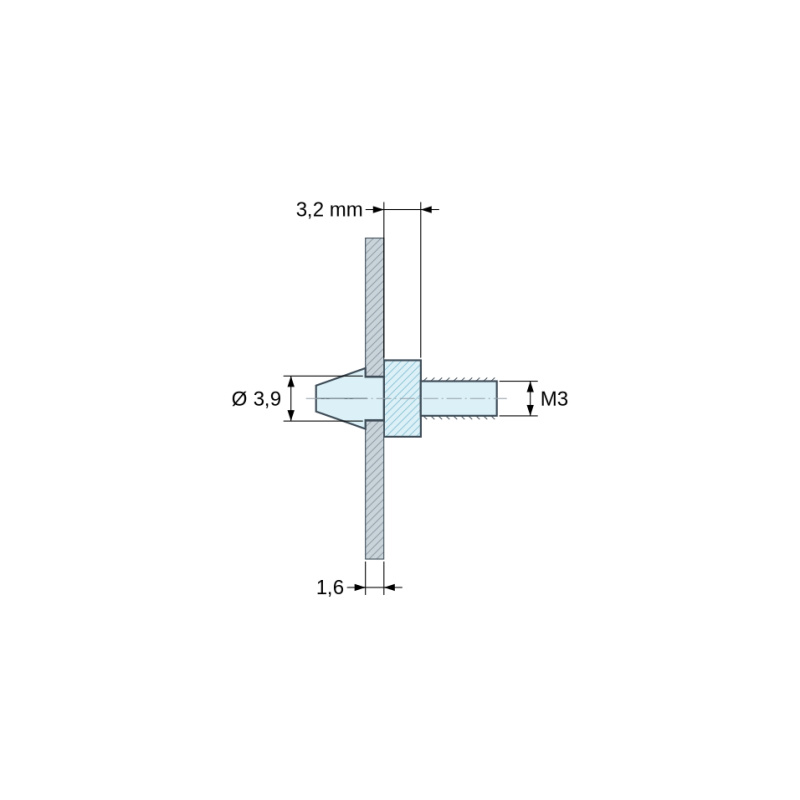 Plano acotado 3,2 mm, Soporte para circuito impreso a presión, roscado M3, poliamida PA6.6 natural UL94-V2, orificio Ø3,9 mm, circuito 1,6 mm