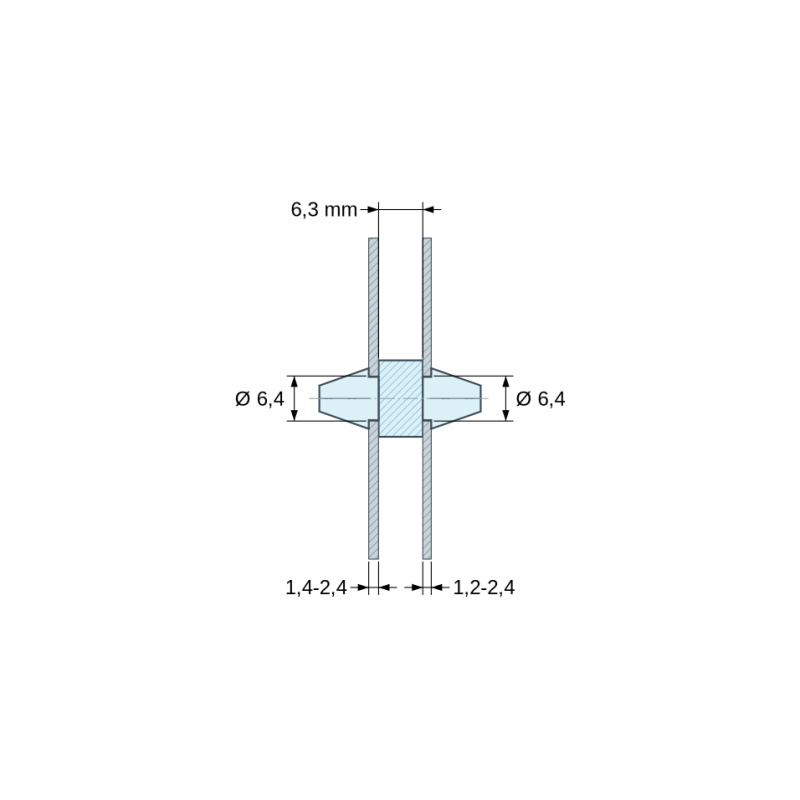 Plano acotado 6,3 mm, Soporte PCB a presión por ambos lados, Policarbonato PC, negro, UL94-V2, PCB Ø6,4/1,4-2,4 mm / CH Ø6,4/1,2-2,4 mm