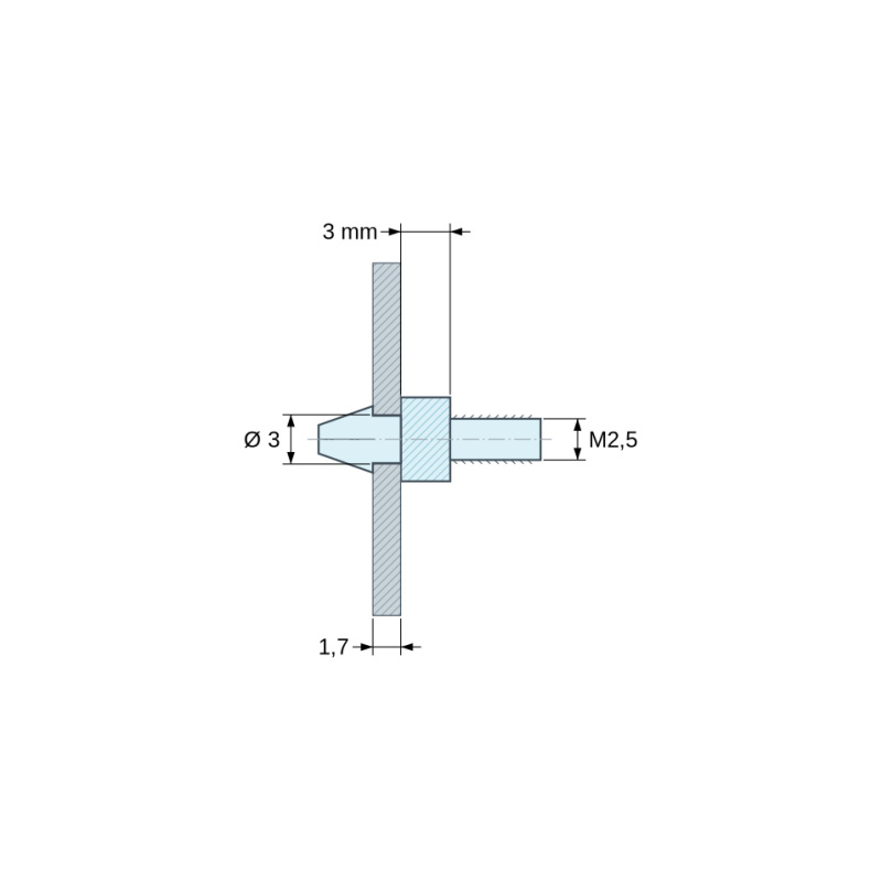 Plano acotado 3 mm, Soporte para circuito impreso a presión, roscado M2,5, poliamida PA6.6 negra UL94-HB, orificio Ø3 mm, circuito 1,7 mm