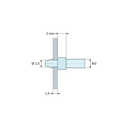 Plano acotado 3 mm, Soporte para circuito impreso a presión, roscado M3, poliamida PA6.6 negra UL94-HB, orificio Ø2,5 mm, circuito 1,6 mm