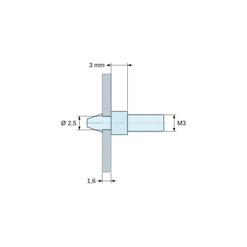 Plano acotado 3 mm, Soporte para circuito impreso a presión, roscado M3, poliamida PA6.6 negra UL94-HB, orificio Ø2,5 mm, circuito 1,6 mm