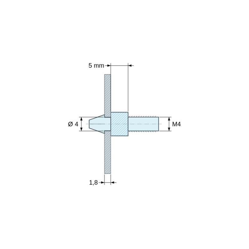 Plano acotado 5 mm, Soporte para circuito impreso a presión, roscado M4, poliamida PA6.6 negra UL94-HB, orificio Ø4 mm, circuito 1,8 mm