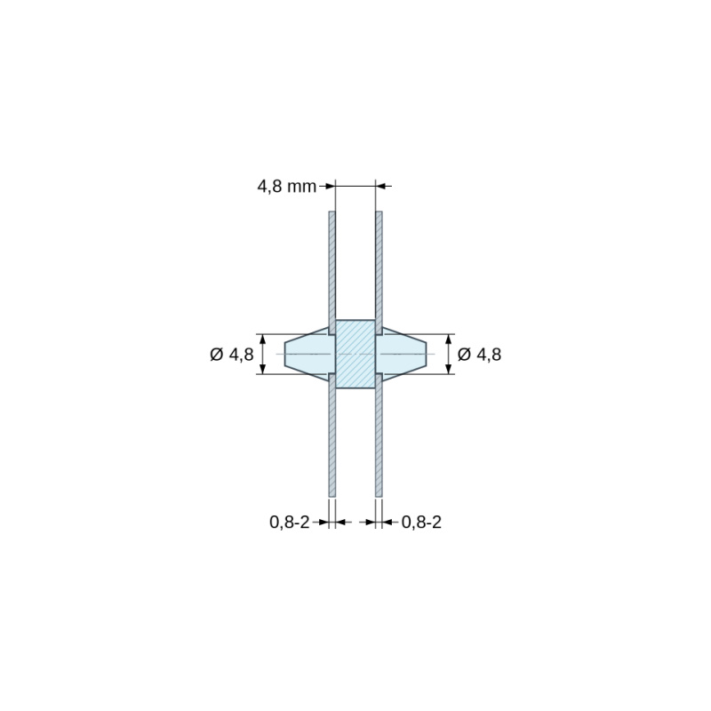 Plano acotado 4,8 mm, Soporte PCB a presión por ambos lados, PA6.6 natural, UL94-V2, orificio PCB Ø4,8 mm, espesor PCB 0,8–2 mm