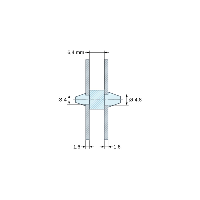 Plano acotado 6,4 mm, Soporte PCB a presión por ambos lados, Poliamida PA6.6, natural, UL94-V2, PCB Ø4/1,6 mm / CH Ø4,8/1,6 mm
