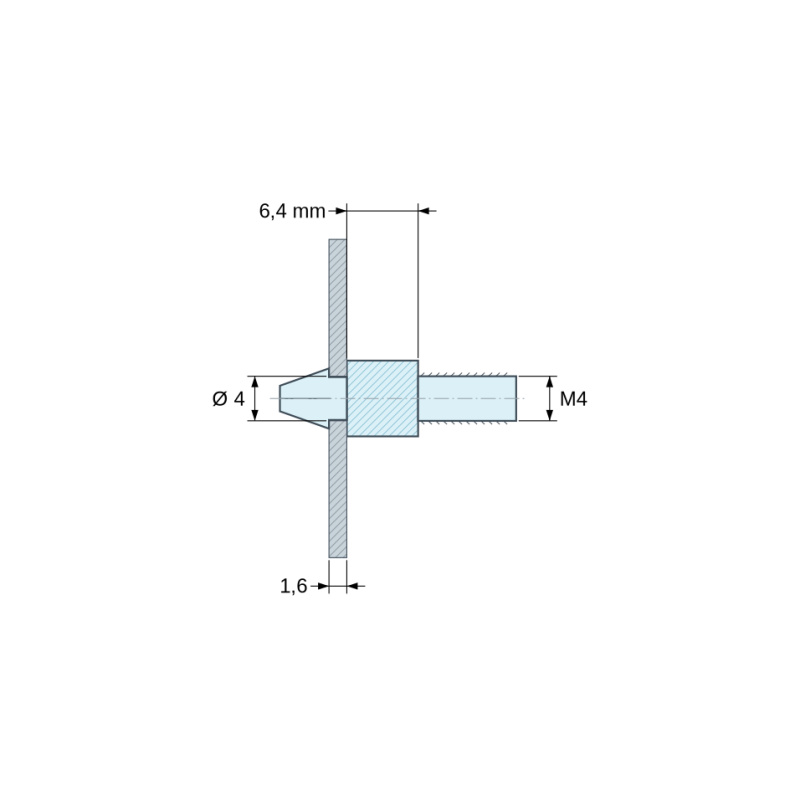 Plano acotado 6,4 mm, Soporte para circuito impreso a presión, roscado M4, poliamida PA6.6 natural UL94-V2, orificio Ø4 mm, circuito 1,6 mm