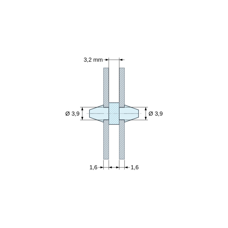 Plano acotado 3,2 mm, Soporte PCB a presión por ambos lados, PA6.6 natural, UL94-V2, orificio PCB Ø3,9 mm, espesor PCB 1,6 mm