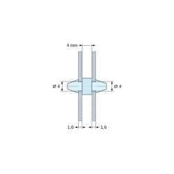 Plano acotado 4 mm, Soporte PCB a presión por ambos lados, PA6.6 natural, UL94-V2, orificio PCB Ø4 mm, espesor PCB 1,6 mm