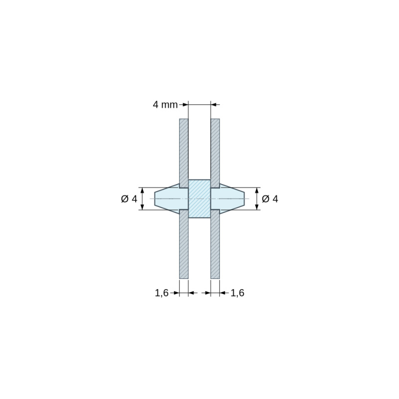 Plano acotado 4 mm, Soporte PCB a presión por ambos lados, PA6.6 natural, UL94-V2, orificio PCB Ø4 mm, espesor PCB 1,6 mm