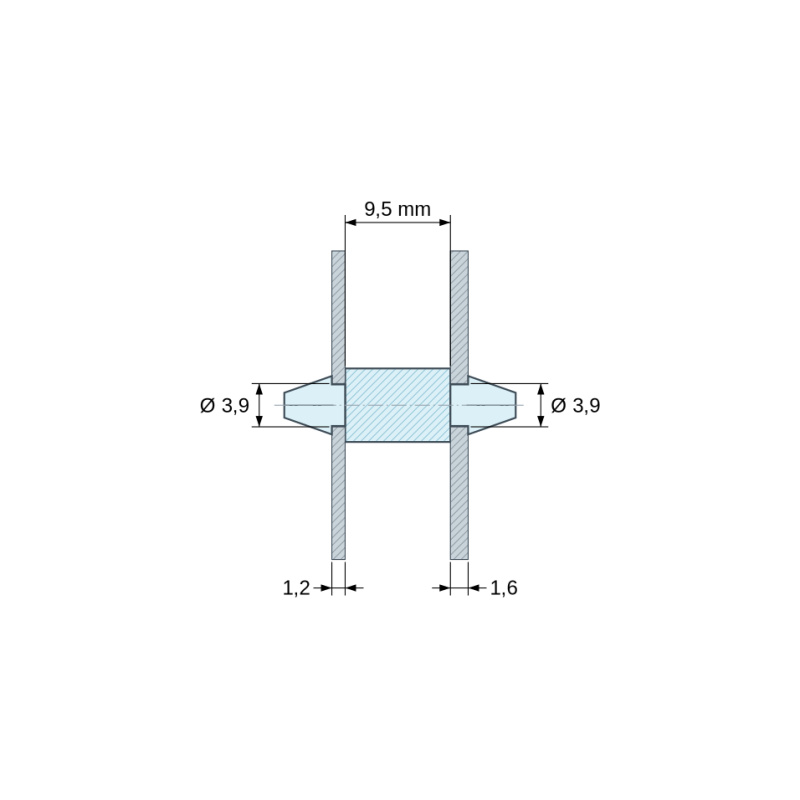 Plano acotado 9,5 mm, Soporte PCB a presión por ambos lados, Poliamida PA6.6, natural, UL94-V2, PCB Ø3,9/1,2 mm / CH Ø3,9/1,6 mm
