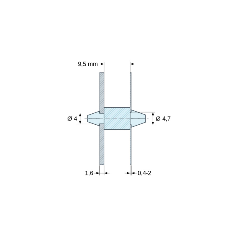 Plano acotado 9,5 mm, Soporte PCB a presión por ambos lados, Poliamida PA6.6, natural, UL94-V2, PCB Ø4/1,6 mm / CH Ø4,7/0,4–2 mm