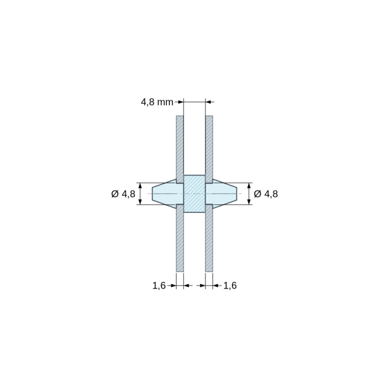 Plano acotado 4,8 mm, Soporte PCB a presión por ambos lados, PA6.6 natural, UL94-V2, orificio PCB Ø4,8 mm, espesor PCB 1,6 mm