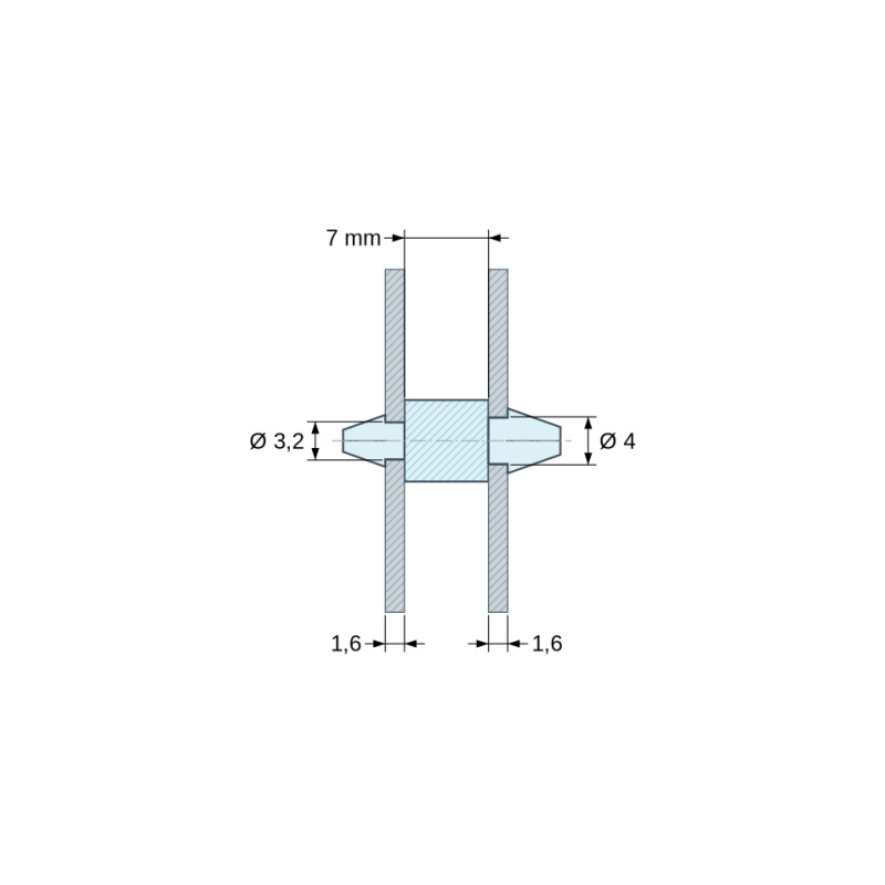 Plano acotado 7 mm, Soporte PCB a presión por ambos lados, Poliamida PA6.6, negra, UL94-HB, PCB Ø3,2/1,6 mm / CH Ø4/1,6 mm