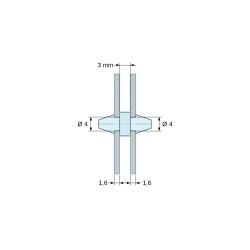 Plano acotado 3 mm, Soporte PCB a presión por ambos lados, PA6.6 negro, UL94-HB, orificio PCB Ø4 mm, espesor PCB 1,6 mm